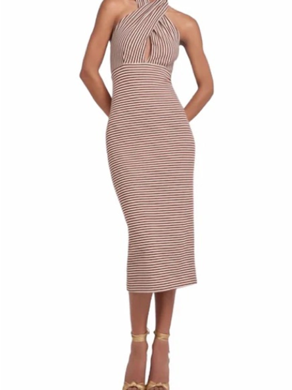 Amanda Uprichard Taupe & White Striped Midi Twist Halter Dress